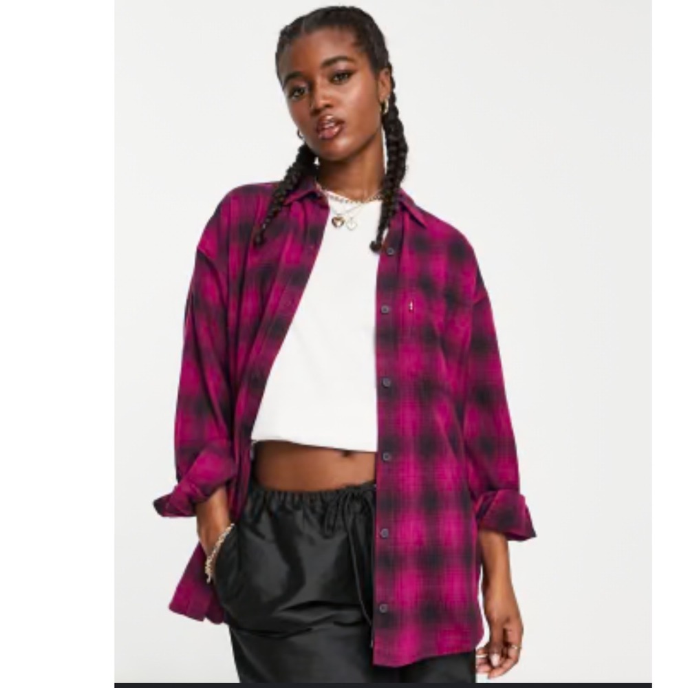 Levi's Nola Oversized Womens Relaxed Fit Plaid‎ Flannel Shirt Pink Black Size L